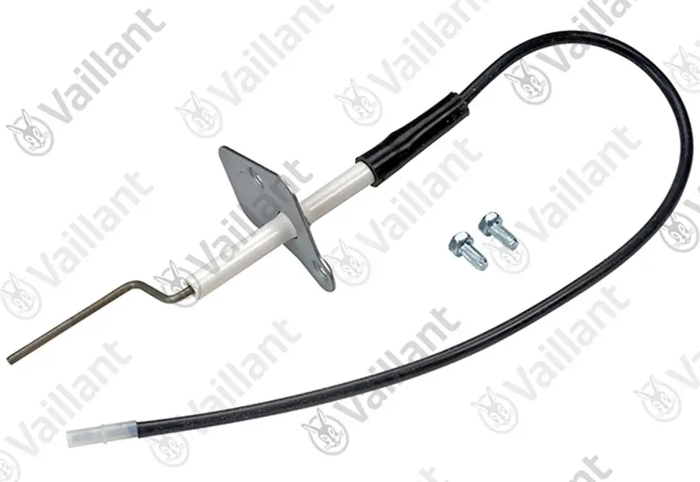 Vaillant Elektrode mit einem gebogenen Metallteil, einem weißen Kunststoffkörper und einem Anschlusskabel, begleitet von zwei Schrauben zur Befestigung.